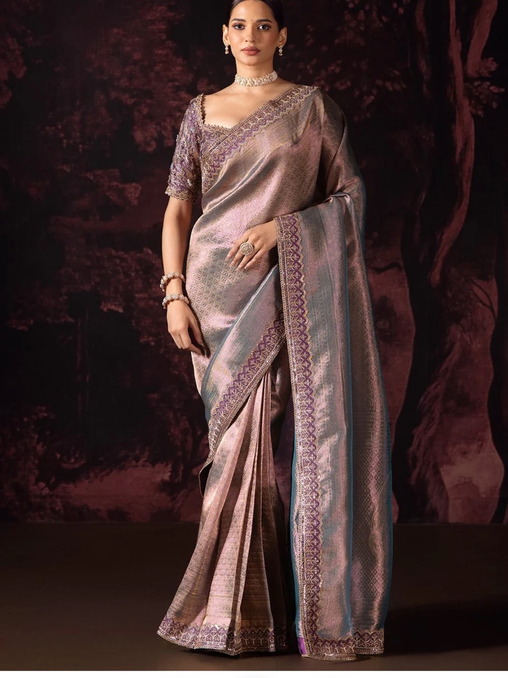 Dusky Purple Embroidered Tissue Saree